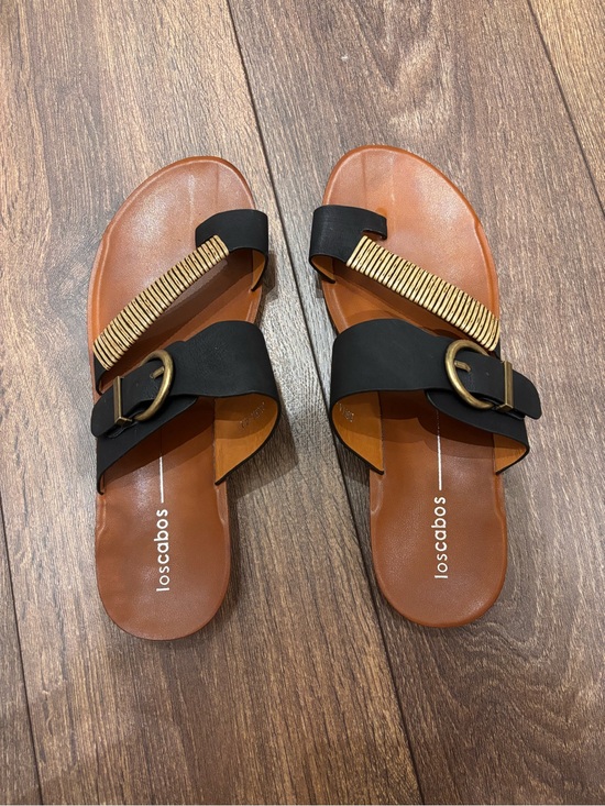 Los Cabos Shoes - Women's Black Slide Sandals - adjustable with woven accent and burnished buckle